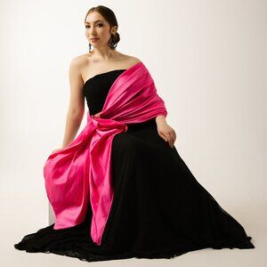 Black crop top and maxi skirt with pink shawl set